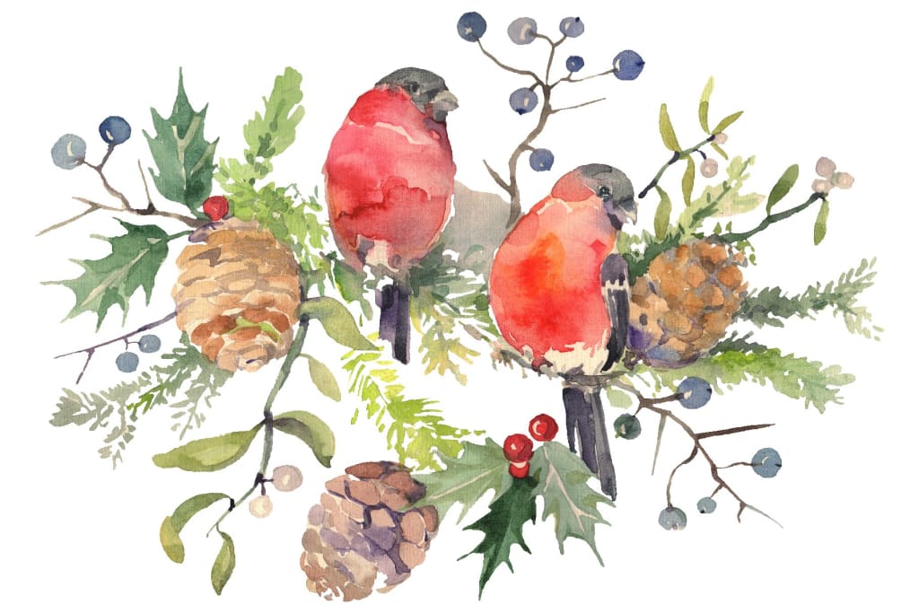 Christmas bouquet with bullfinch Watercolor png Digital