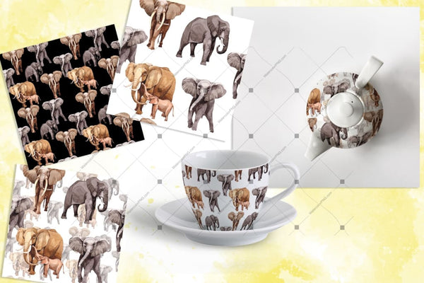 Animal Life Elephants Png Watercolor Set Digital