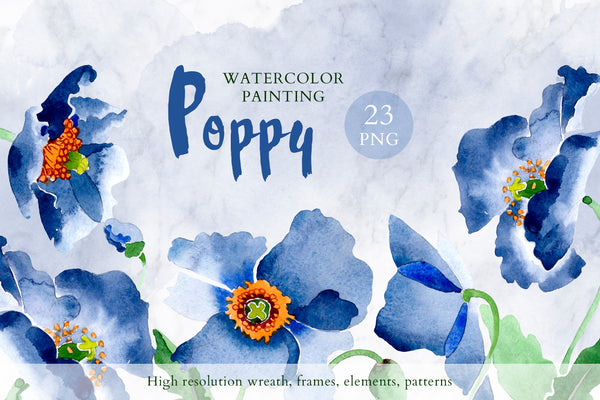 Bouquet of blue poppies Venice watercolor PNG