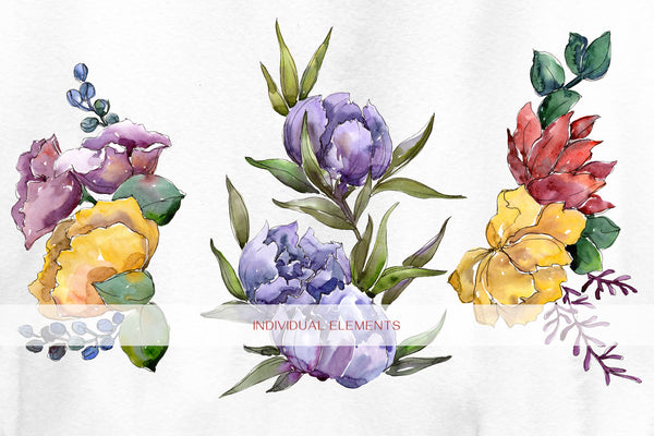 Hand-drawn watercolor flowers and bouquets png