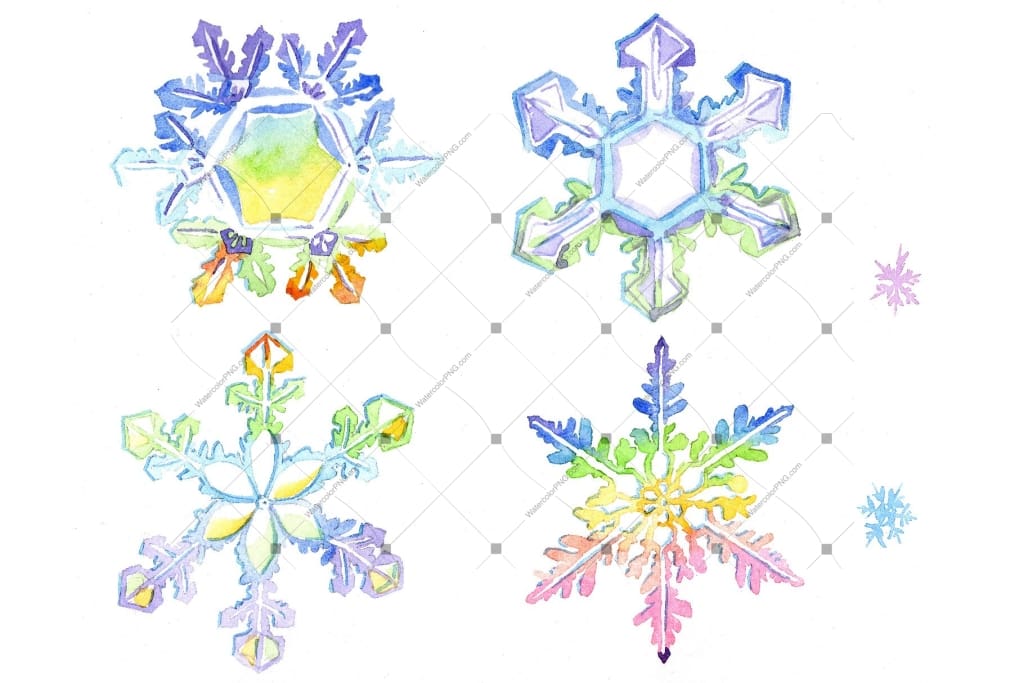 Watercolor Colorful Snowflakes Png Set Digital