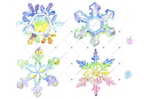 Watercolor Colorful Snowflakes Png Set Digital