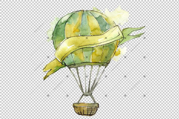 Watercolor Holiday Hot Air Balloon Png Set Digital