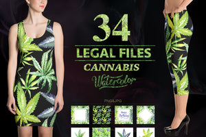 Cannabis watercolor PNG flower green  set