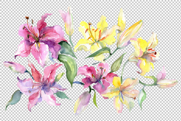 Bouquet with lilies pink and Yellow Watercolor png