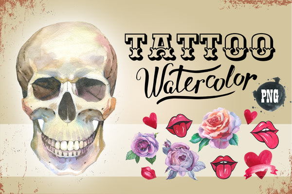 Tattoo PNG watercolor set skull