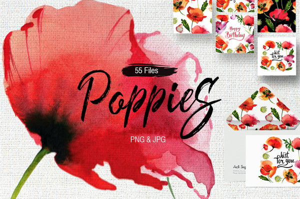 Poppy flowers PNG watercolor set