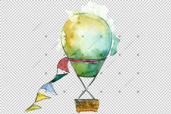 Watercolor Holiday Hot Air Balloon Png Set Digital