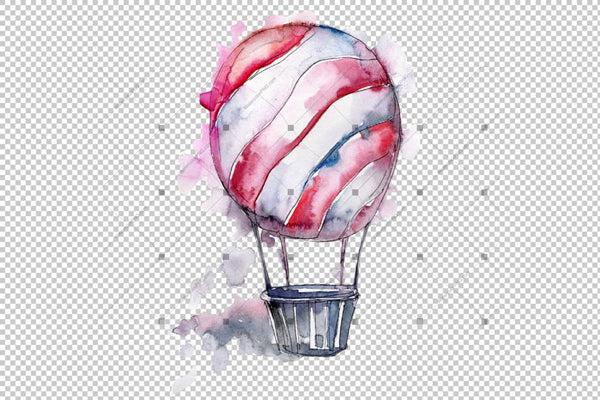 Watercolor Pink Hot Air Balloon Png Set Digital