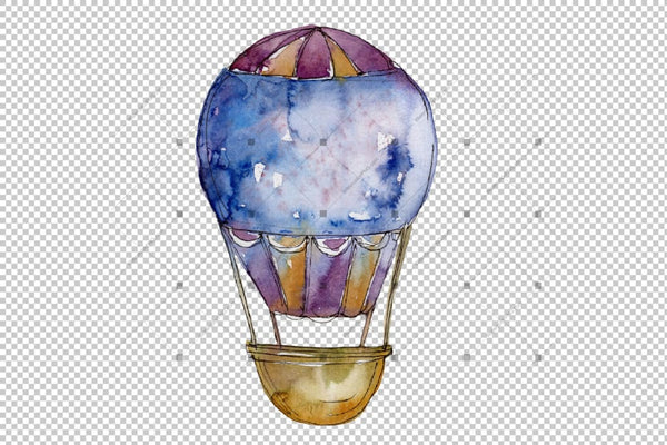 Watercolor Blue Hot Air Balloon Png Set Digital