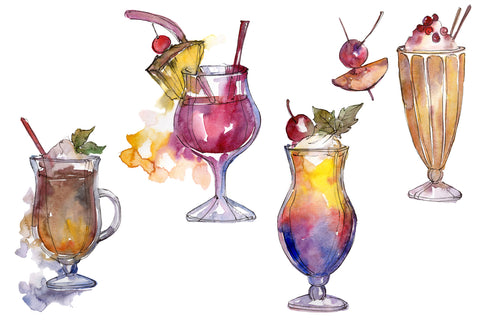Watercolor exotic drink cocktail PNG set