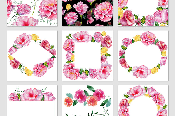 Roses flowers pink PNG watercolor set