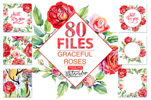 Roses red PNG watercolor flower set