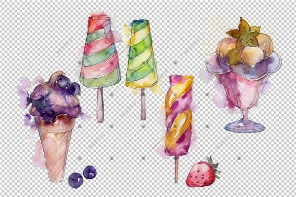 Watercolor Colorful Ice Cream Png Set Digital