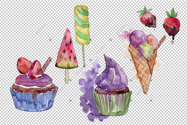 Watercolor Mix Cool Ice Cream Png Set Digital
