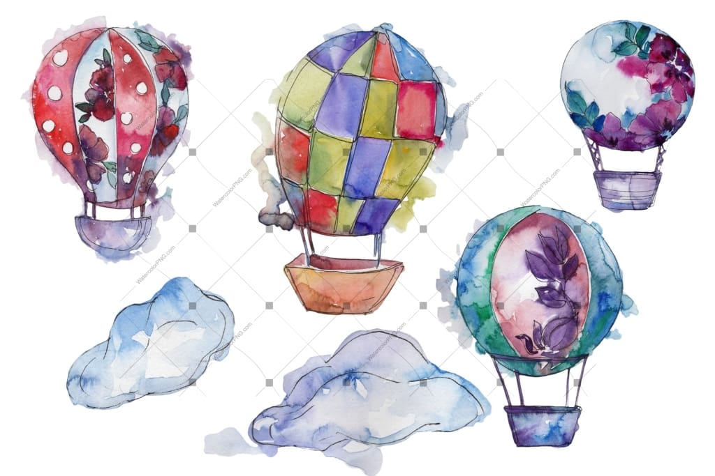 Watercolor Hot Air Balloon Png Set Digital