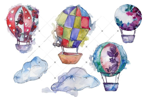 Watercolor Hot Air Balloon Png Set Digital