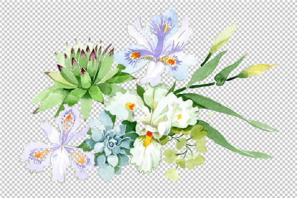 Bouquet with white irises watercolor PNG