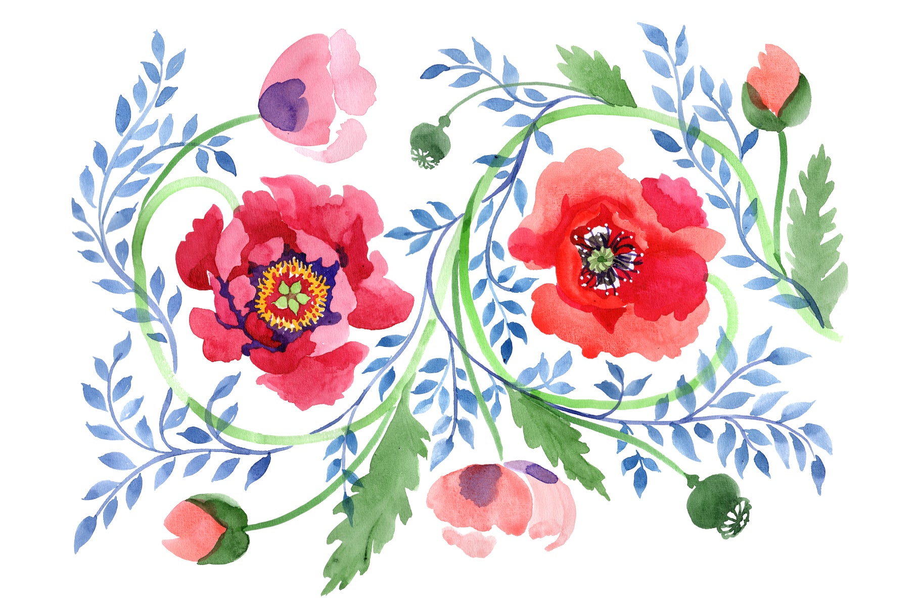Ornament of poppies red watercolor PNG