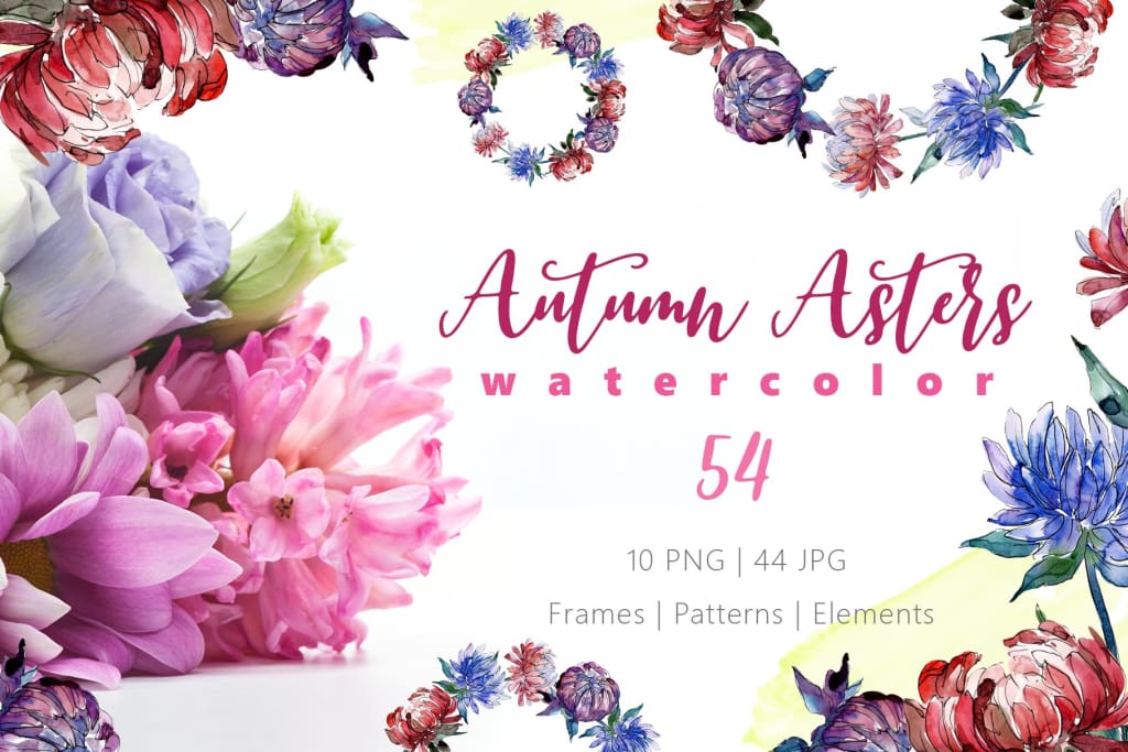 Autumn Asters Watercolor png Digital
