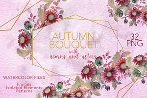 Autumn Bouquet with acorns and asters Watercolor png Digital