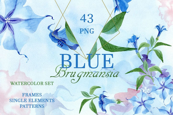 Blue Brugmansia Watercolor png Digital