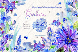 Blue Gerbera Png Watercolor Flower Set Digital