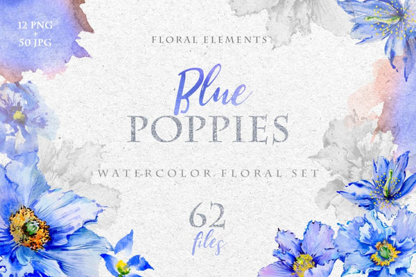 Blue Poppies Watercolor png Digital