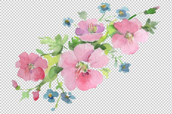 Bouquet Clear morning pink and blue Watercolor png Digital