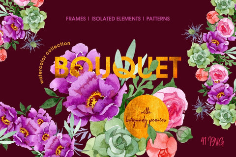 Bouquet with burgundy peonies Watercolor png Digital