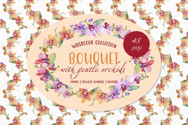 Bouquet with gentle orchids Watercolor png Digital
