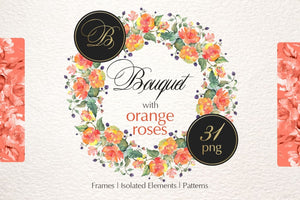 Bouquet with orange roses Watercolor png Digital