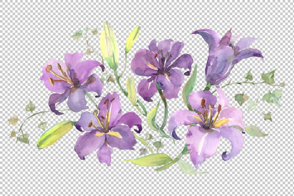 Bouquet with purple lilies Watercolor png Flower