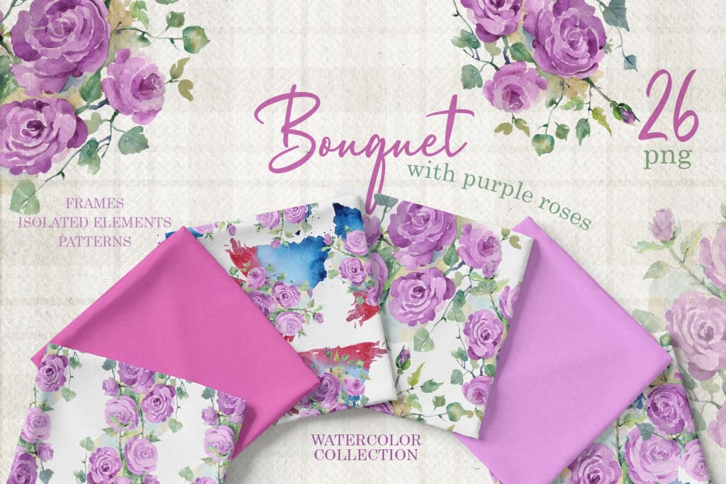 Bouquet with purple roses Watercolor png