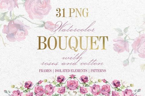 Bouquet with roses and cotton Watercolor png Digital