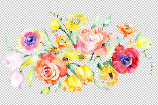 Bouquet with roses tulips and poppies Watercolor png Flower