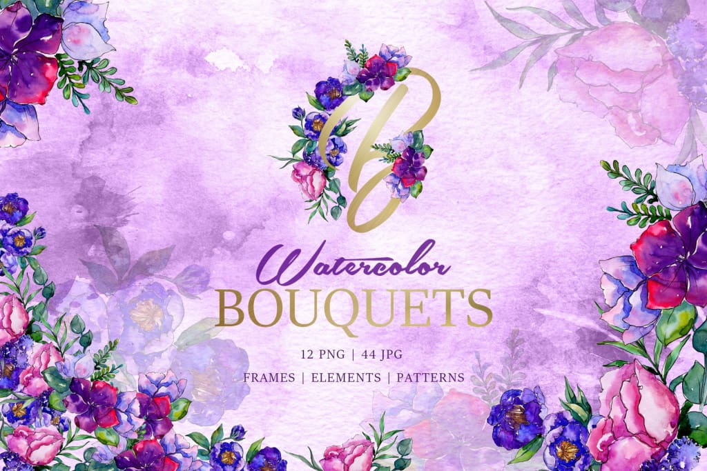 Bouquets of purple flowers Watercolor PNG Digital