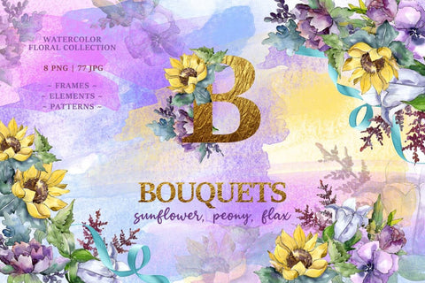 Bouquets peony flax Watercolor png Digital
