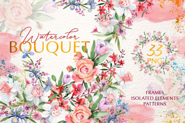 Bouquets with roses and narcissus pink watercolor png Digital