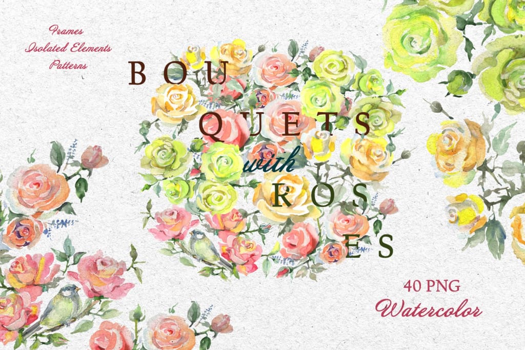 Bouquets with roses Yellow Watercolor png Digital