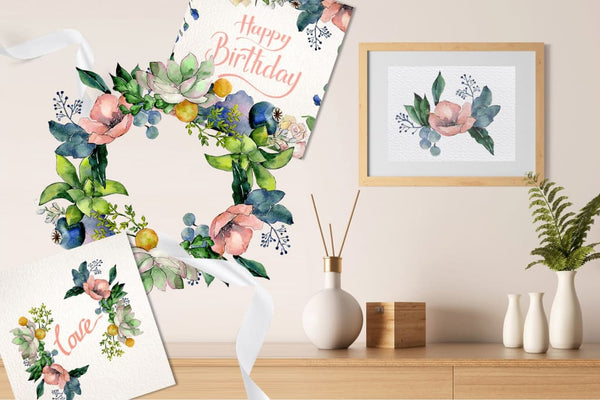 Bouquets with succulents Watercolor png Digital