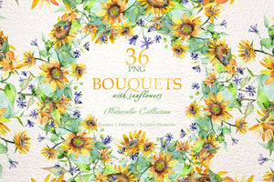 Bouquets with sunflowers Watercolor png Digital