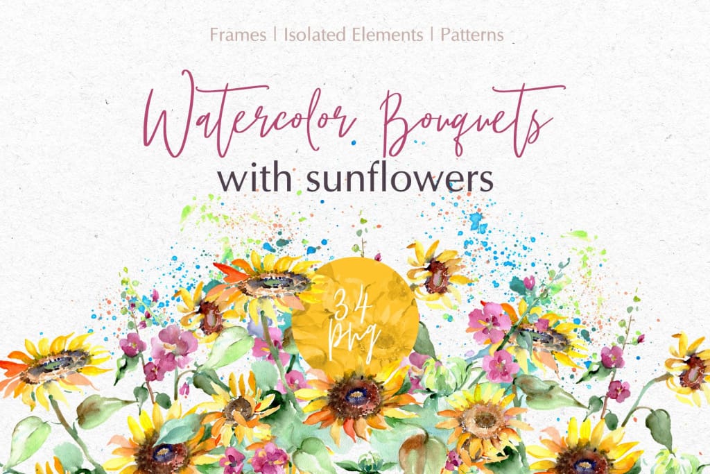 Bouquets with sunflowers Watercolor png Digital