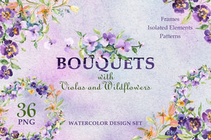 Bouquets with violas and wildflowers Watercolor png Digital