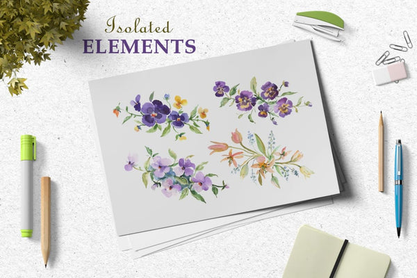 Bouquets with violas and wildflowers Watercolor png Digital