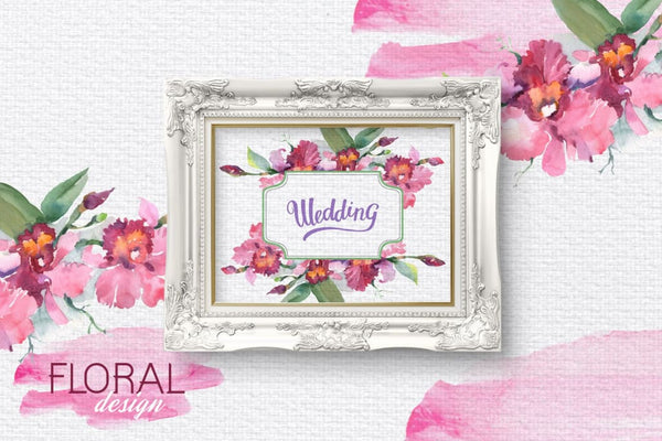 Branch of pink orchids Watercolor png Digital