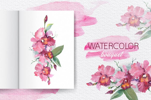 Branch of pink orchids Watercolor png Digital