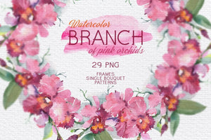 Branch of pink orchids Watercolor png Digital