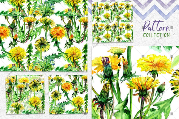 Bright Yellow Dandelion Png Watercolor Set Digital