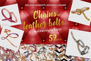 Chains leather belts Watercolor png Digital